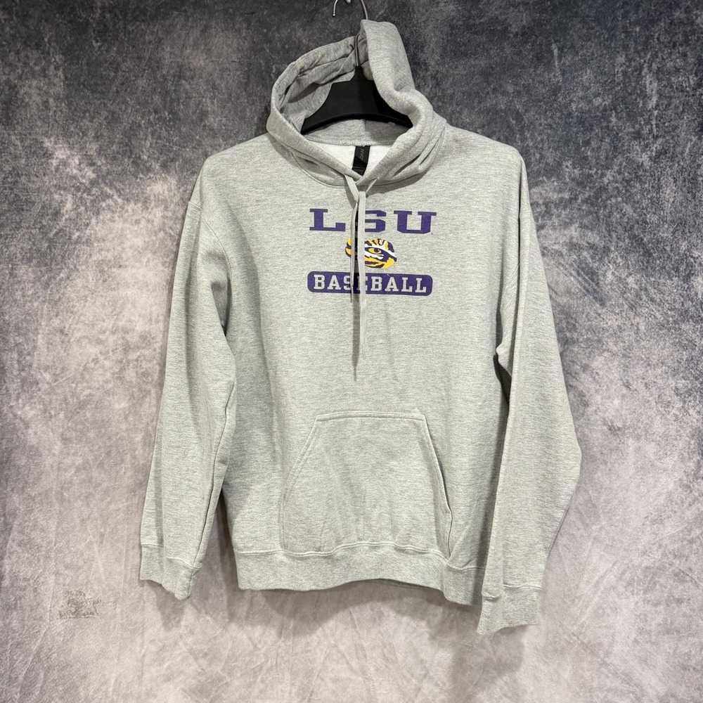 LSU Tigers Baseball Hoodie Men's Medium Gray Gildan NCAA Pullover Sweatshirt